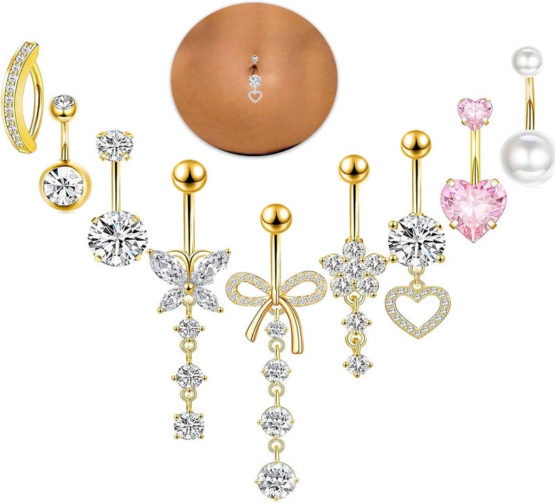 Suotarn 14G Belly Button ring Dangle Belly Rings Surgical Stainless Steel Cute Bow Butterfly Heart Flower Dangling Belly Button Piercing Jewelry For Women Silver Dainty Dangly Navel Ring - Image 1